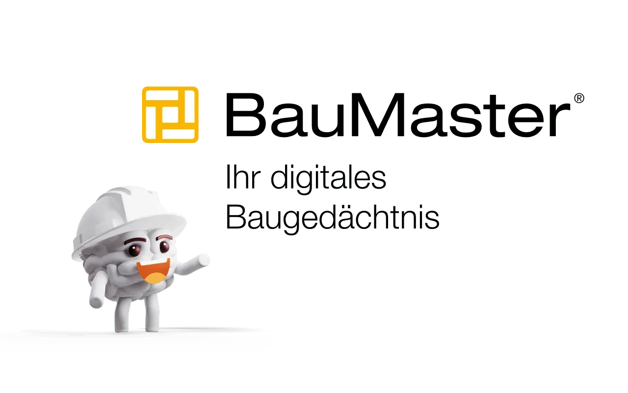 BauMaster Logo mit dem Claim „Ihr digitales Baugedächtnis“ und dem Maskottchen mit Bauhelm