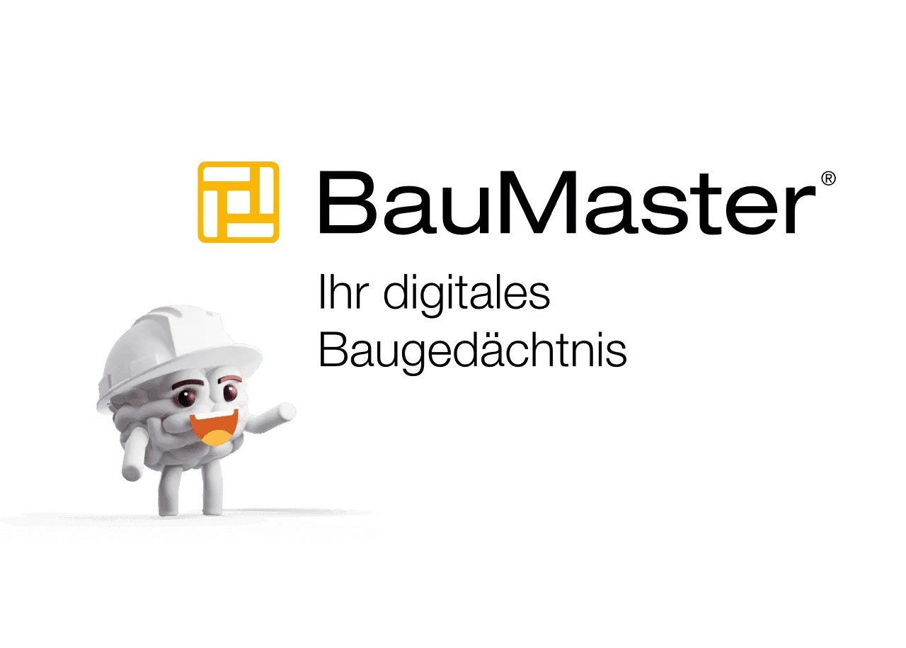 BauMaster Logo, Claim „Ihr digitales Baugedächtnis“ und Maskottchen