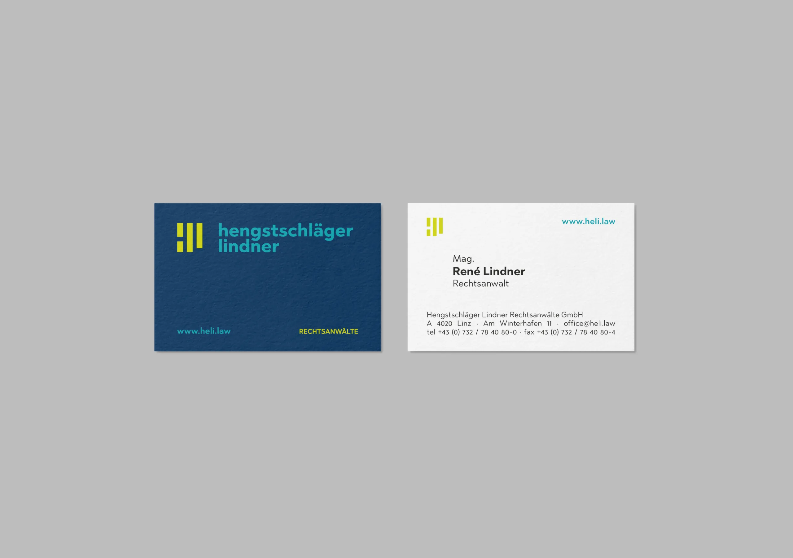 Visitenkarten von hengstschläger lindner Rechtsanwälte, Vorder- und Rückseite